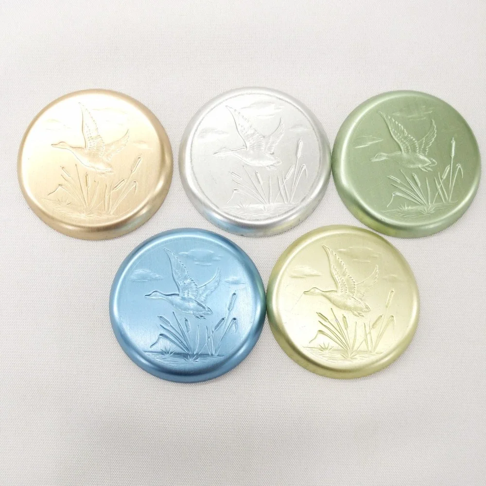 Vintage Anodized Aluminum Coaster Set Multicolor Embossed Duck 5pc 3.5in